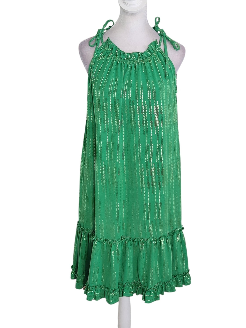 Signature by Robbie Bee Sleeveless Green and Gold Ruffle Mini Dress Size Small